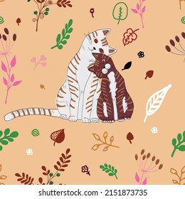 Two cute cats among different plants. Vector seamless pattern.