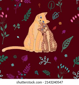 Two cute cats among flowers and twigs with leaves. Seamless patern. A vector file is useful for creating your designs.