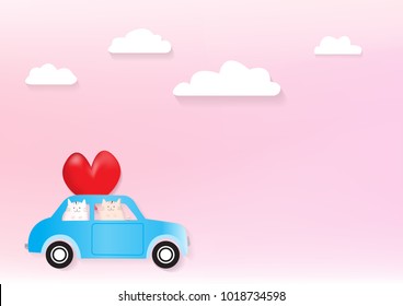 Two cute cats in a car with pink background that can be used for wedding or Valentine’s day card.