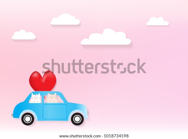 Two cute cats in a car\
with pink background that can be used for wedding or Valentine’s\
day card.