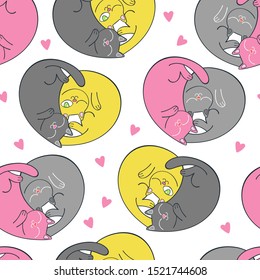 Two cute cats. Cartoon animals. Heart shape. Seamless vector pattern (background).