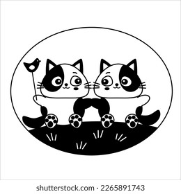 two cute cats in cartoon style black and white graphics holding hands