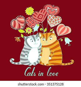 Two cute cats falls in love  and cuddle in seventh heaven with patterned heart like balloons, deep red background, vector design for Saint Valentine's Day