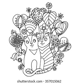 Two cute cats falls in love and flies in seventh heaven on patterned heart like balloons, page for adult coloring book, vector design for Saint Valentine's Day