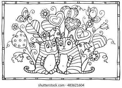 Two cute cats falls in love and flies in seventh heaven on patterned heart like balloons, page for adult coloring book, vector design for Saint Valentine's Day or wedding celebration, postcard 10x15