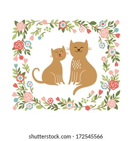 two cute cats in flowers frame 