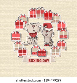 Two cute cats, gift boxes with bows, ribbons and text Boxing Day. Present box and cat. Flat holiday gift boxes isolated on light background. Vector illustration circle shape.