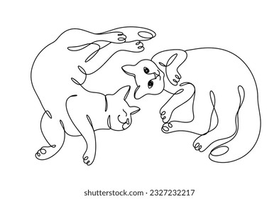 Two cute cats lie in funny poses. International Cat Day. One line drawing for different uses. Vector illustration.