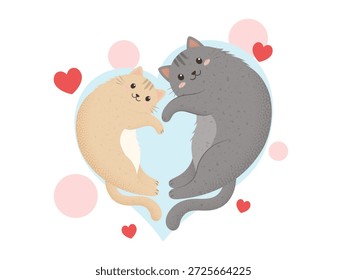 Dois bonitos gatos em amor formando forma de coração para Dia dos Namorados Ilustração	