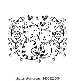 Two cute cats in love. Hand drawing illustration.