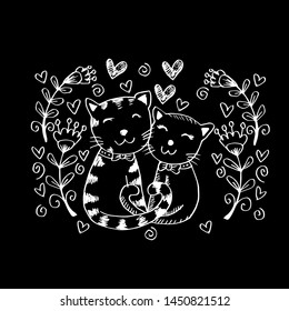 Two cute cats in love. Hand drawing illustration.