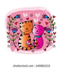 Two cute cats in love. Hand drawing illustration.