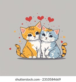 Two cute cats in love and hearts around their heads  vector illustration 