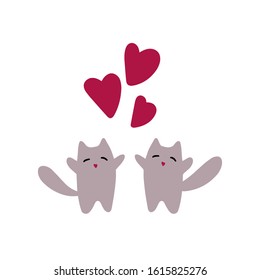 Two cute cats in love with red hearts. Valentines day greeting card. Vector illustration EPS 10.