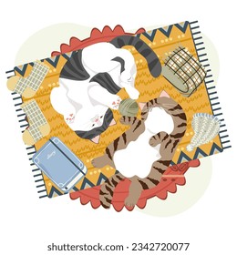 Two cute cats lying on the carpet in bright colors vector flat isolated on a white background.