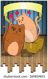 Two cute cats on wooden floor, with hearts around. Cat on the box bite another cat.