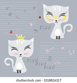 Two cute cats. One in gold glasses, the second in a gold crown. Meow. Notes and asterisks.
