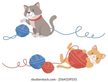 Two cute cats playing with balls of wool. Vector illustration in flat cartoon style on white background.