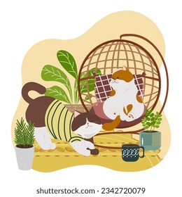 Two cute cats playing in a cozy house vector flat style isolated on a white background.
