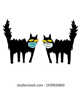 Two cute cats in protective masks. Vector Illustration on the topic of protection and distancing, quarantine, medicine.