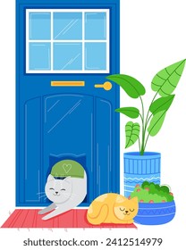 Two cute cats resting by a blue front door with a houseplant. Calm pets enjoying a cozy home entrance. Serene home life and pet care vector illustration.