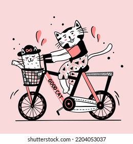 Two Cute Cats Riding Bycycle Illustration