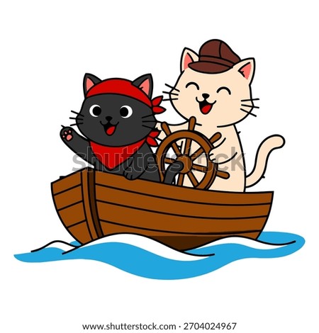 Two cute cats sailing together in a wooden boat, one steering the wheel and the other dressed like a little pirate, showing adventure, friendship, and playful travel fun. Flat vector illustration