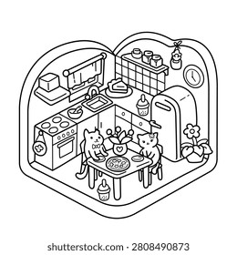 Two cute cats are sharing a delicious pizza together in a cozy kitchen filled with plants, home decor, and cooking essentials. Black and white coloring page with clean line art, perfect for kids and adults who love cats, cozy homes, and relaxing mealtime scenes.
