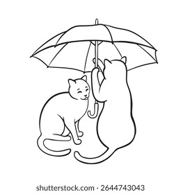 Two cute cats sitting close together under an umbrella. A romantic black and white outline perfect for love or pet-themed designs. Couple of cats in love