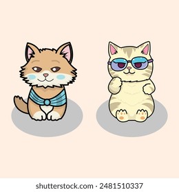 two cute cats sitting facing forward on a white background