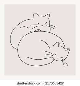 Two cute cats sleeping together. Cat hand drawn line illustration