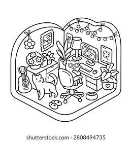 Two cute cats are spending time in a cozy home office, one working at a computer while the other keeps company nearby. Black and white coloring page with clean line art featuring houseplants, a guitar, home décor, and a warm, relaxing workspace.