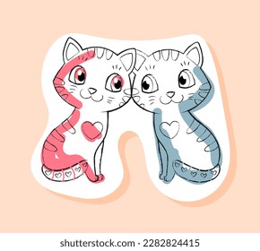 Zwei süße Katzen Aufkleber. Metapher von Liebe, Romantik und Fürsorge. Design-Element für die Grußkarte für den Valentinstag. Ein paar Kätzchen mit Herzen. Cartoon-Flavektor-Vektorgrafik
