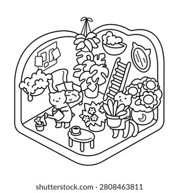 Two cute cats are taking care of a cozy plant-filled corner, watering flowers and carrying potted plants in a warm, peaceful room. Black and white coloring page with clean line art featuring houseplants, blooming flowers, home décor, and a relaxing indoor gardening scene.