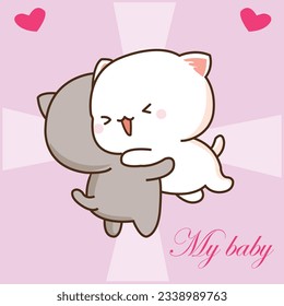 two cute cats vector with pink background, love cat ,hug, love, play, laugh, rejoice, my baby, sweetness, lover, husband and wife
