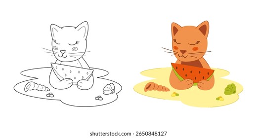 Dois gatos bonitos com uma melancia na praia. Clip-art para seus projetos.