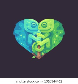 Two cute chameleons on a branch in the shape of a heart. Valentine's Day flat illustration.