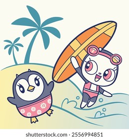 Two cute characters enjoying a beach day with surfboards and palm trees.