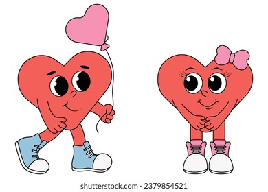 two cute characters in the shape of; hearts in the style of a groovy. Retro cyaracter