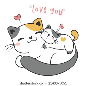 two cute cheerful Mother cat and playful kitty baby play together, pet animal cartoon drawing character vector, mother's day greeting card