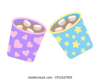 Two cute cheers cups with cocoa and marshmallows. Children's illustration - a pair of blue and purple cups. Flat stock vector illustration isolated on white background. Hot warm winter cocoa drink