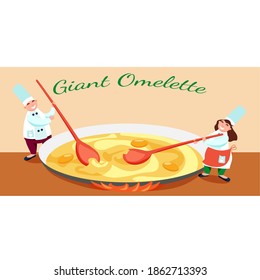 Two cute chefs cooking giant omelet for celebration. Big pan with fried eggs, cartoon style, vector illustration