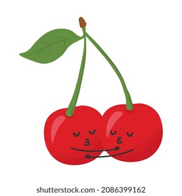 Two cute cherries falling in love. Love and Valentine's Day concept. Illustration isolated on white background. 