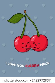 Two cute cherries falling in love. Love and Valentine's Day concept. I love you cherry much
