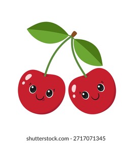 Dos cerezas lindas con hojas verdes, personaje divertido de dibujos animados, baya jugosa, cara sonriente feliz, ojos grandes, estilo kawaii, Ilustración vectorial plana sobre fondo blanco.