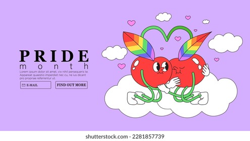 Two cute cherries hug each other tenderly with rainbow colored leaves. Trendy lgbtq or pride month event or festival banner, poster, placard, greeting card. Funky characters on purple background.