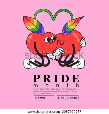 Two cute cherries hug each other tenderly with rainbow colored leaves. Creative lgbtq or pride month web or advertisement banner, landing page, greeting post card. Funny characters on pink background.