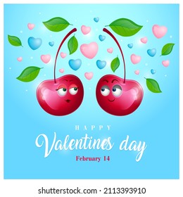 Two cute cherries on a blue background with hearts. Cartoon style. The concept of love, recognition 