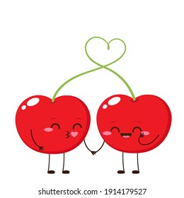 Two cute cherries. Red cherries kiss. Valentines day card, love romantic relationship vector illustration