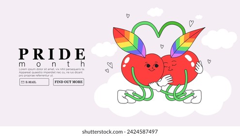 Two cute cherry hug each other tenderly with rainbow colored leaves. Trendy lgbtq or pride month event or festival banner, poster, placard, greeting card background. Funky kewpies characters.